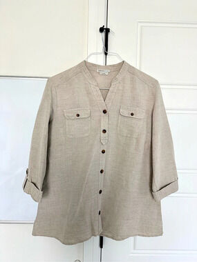 Van Heusen Studio Linen Button Down Shirt Beige Large